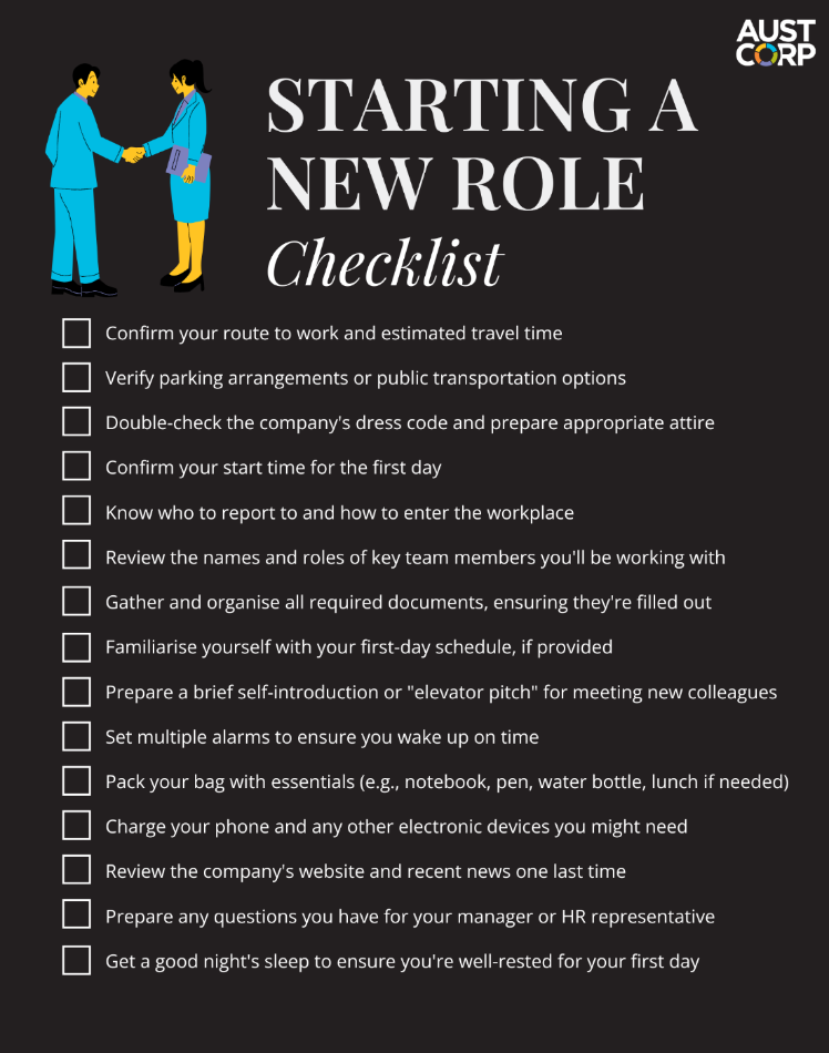 Checklist for starting a new role, including tasks like confirming travel route, verifying dress code, and preparing an elevator pitch for a new job.