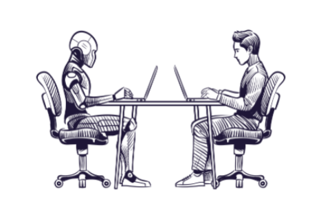 Illustration of a robot and a human working together at laptops, symbolizing the integration of AI and technology in the future workforce.