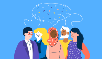 Illustration of a diverse group of people engaging in conversation. They are depicted with speech bubbles filled with colorful symbols, suggesting communication and idea exchange. The background is blue.