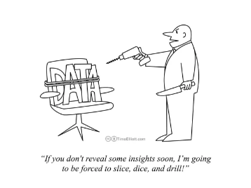 Cartoon of a person holding a drill and knife, threatening a chair labeled "DATA." Caption reads, "If you don't reveal some insights soon, I'm going to be forced to slice, dice, and drill!"